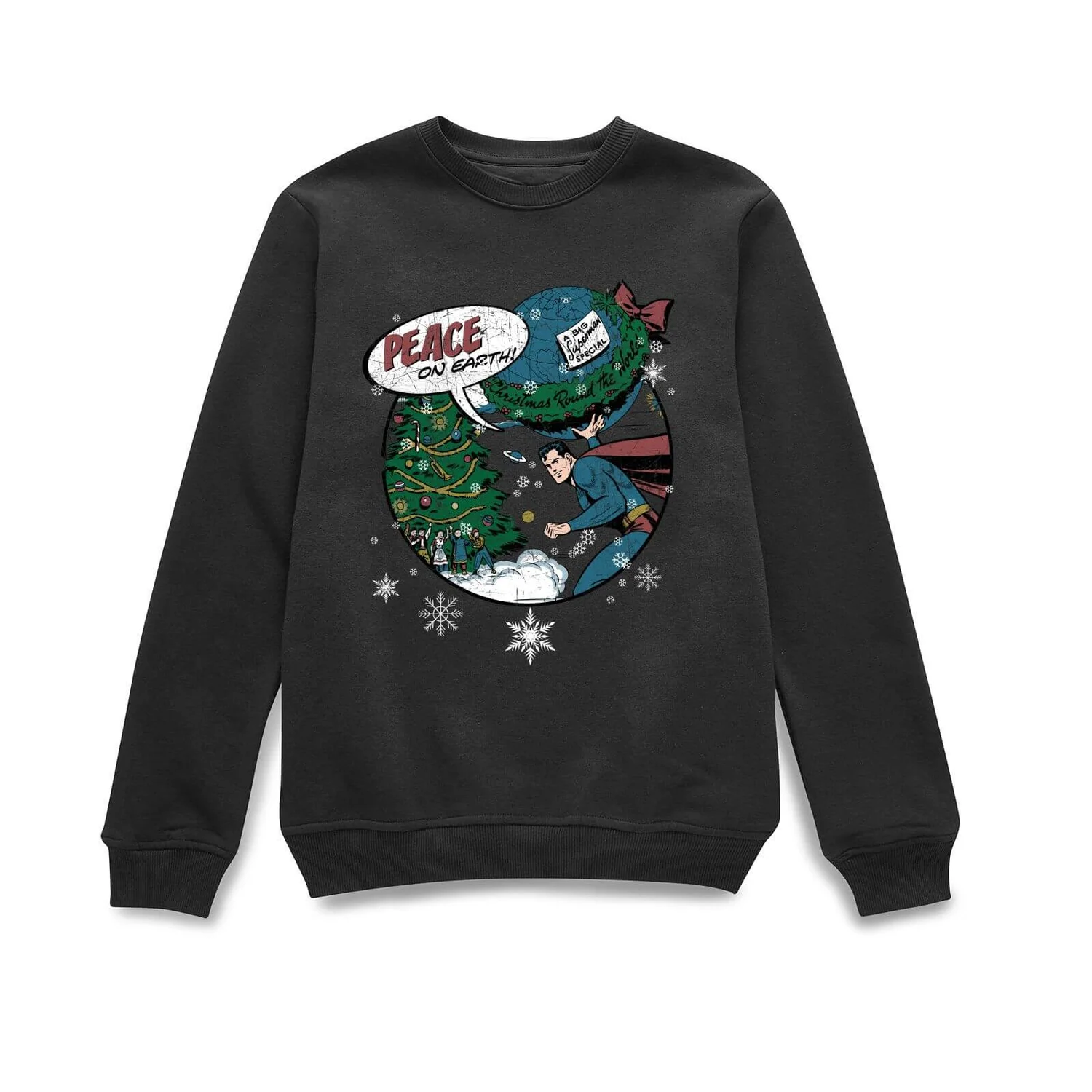 DC Comics Originals Superman Peace On Earth Black Christmas Sweater 1 DC Comics Originals Superman Peace On Earth Black Christmas Sweater