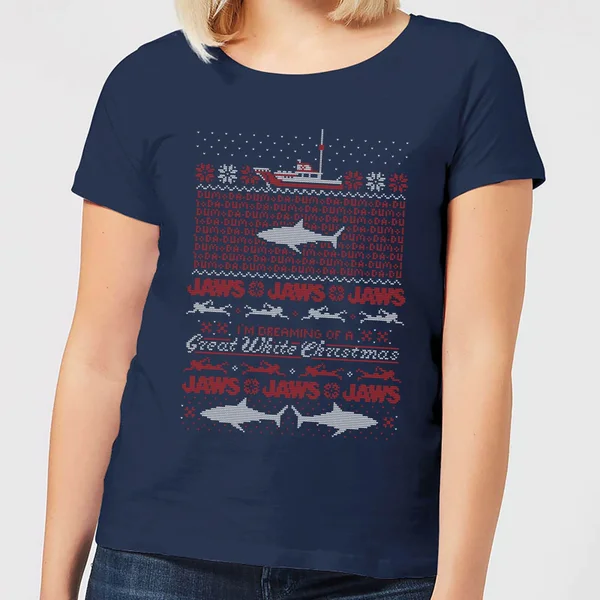 Jaws Great White Christmas Women's T-Shirt - Navy 1 Jaws Great White Christmas Women's T-Shirt - Navy