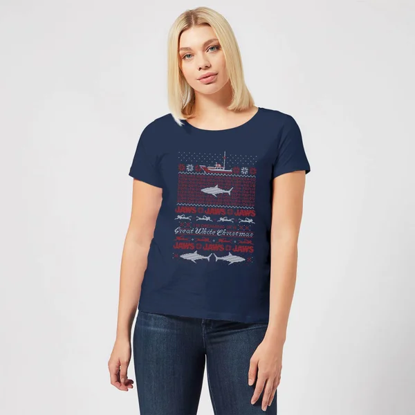 Jaws Great White Christmas Women's T-Shirt - Navy 3 Jaws Great White Christmas Women's T-Shirt - Navy - Image 3