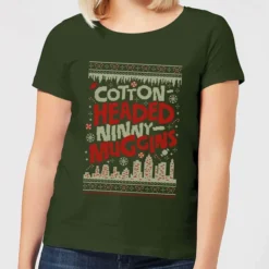 Elf Cotton-Headed-Ninny-Muggins Knit Women's Christmas T-Shirt - Forest Green