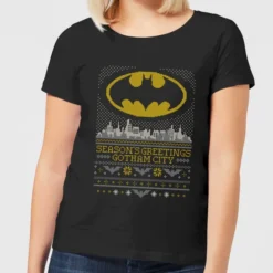 DC COMICS DC Seasons Greetings From Gotham Women's Christmas T-Shirt - Black