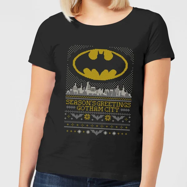 DC COMICS DC Seasons Greetings From Gotham Women's Christmas T-Shirt - Black 1 DC COMICS DC Seasons Greetings From Gotham Women's Christmas T-Shirt - Black