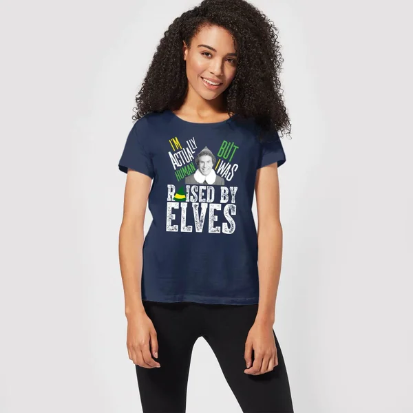 Elf Raised By Elves Women's Christmas T-Shirt - Navy 3 Elf Raised By Elves Women's Christmas T-Shirt - Navy - Image 3