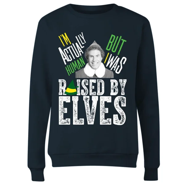 Elf Raised By Elves Women's Christmas Sweater - Navy 4 Elf Raised By Elves Women's Christmas Sweater - Navy - Image 4