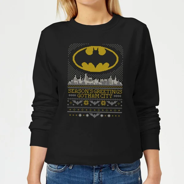 DC COMICS DC Seasons Greetings From Gotham Women's Christmas Sweater - Black 1 DC COMICS DC Seasons Greetings From Gotham Women's Christmas Sweater - Black