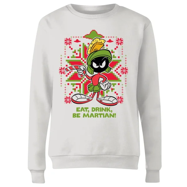 Looney Tunes Eat Drink Be Martian Women's Christmas Sweater - White 4 Looney Tunes Eat Drink Be Martian Women's Christmas Sweater - White - Image 4