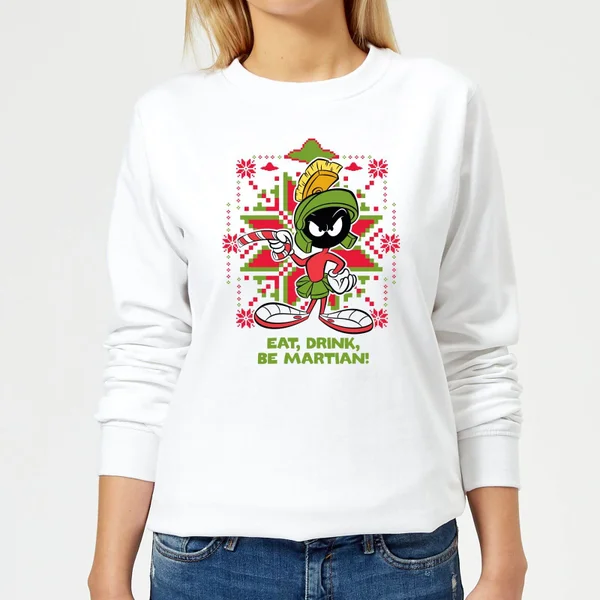 Looney Tunes Eat Drink Be Martian Women's Christmas Sweater - White 1 Looney Tunes Eat Drink Be Martian Women's Christmas Sweater - White