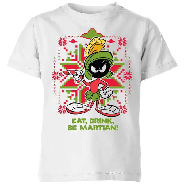 Looney Tunes Eat Drink Be Martian Kids' Christmas T-Shirt - White 1 Looney Tunes Eat Drink Be Martian Kids' Christmas T-Shirt - White