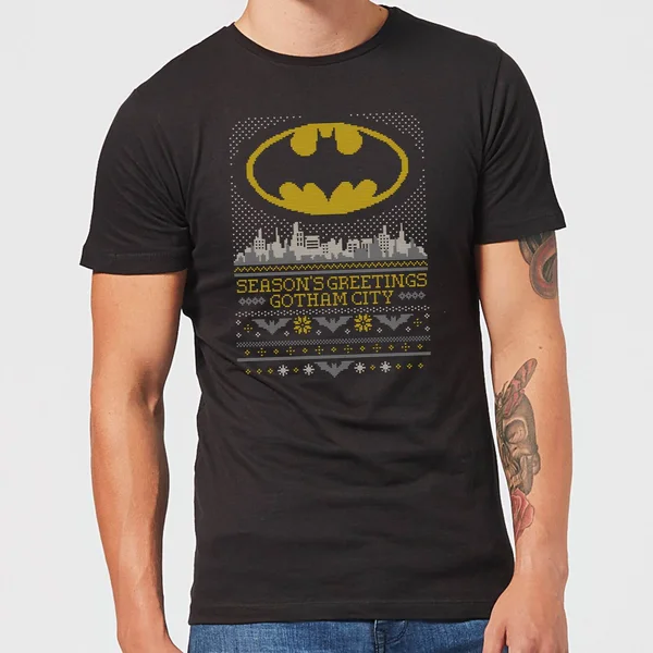 DC COMICS DC Seasons Greetings From Gotham Men's Christmas T-Shirt - Black 1 DC COMICS DC Seasons Greetings From Gotham Men's Christmas T-Shirt - Black