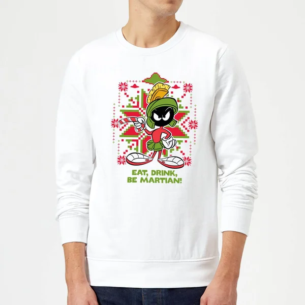 Looney Tunes Eat Drink Be Martian Christmas Sweater - White 1 Looney Tunes Eat Drink Be Martian Christmas Sweater - White