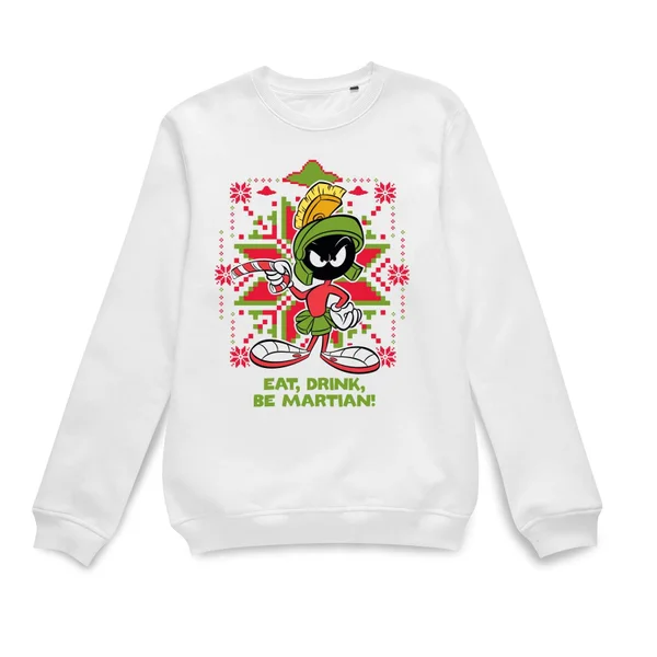 Looney Tunes Eat Drink Be Martian Christmas Sweater - White 2 Looney Tunes Eat Drink Be Martian Christmas Sweater - White - Image 2