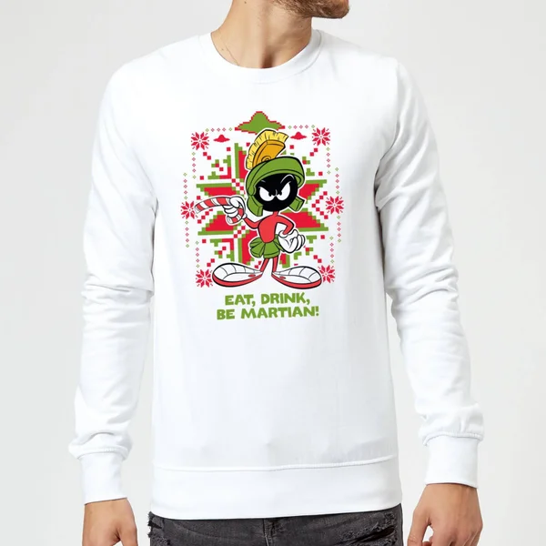 Looney Tunes Eat Drink Be Martian Christmas Sweater - White 3 Looney Tunes Eat Drink Be Martian Christmas Sweater - White - Image 3