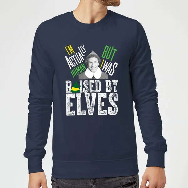 Elf Raised By Elves Christmas Sweater - Navy 3 Elf Raised By Elves Christmas Sweater - Navy - Image 3