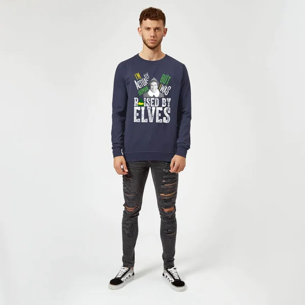 Elf Raised By Elves Christmas Sweater - Navy 4 Elf Raised By Elves Christmas Sweater - Navy - Image 4