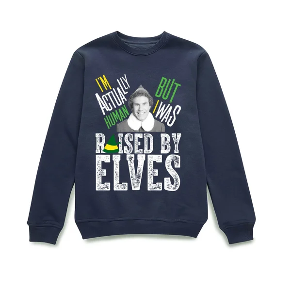 Elf Raised By Elves Christmas Sweater - Navy 2 Elf Raised By Elves Christmas Sweater - Navy - Image 2