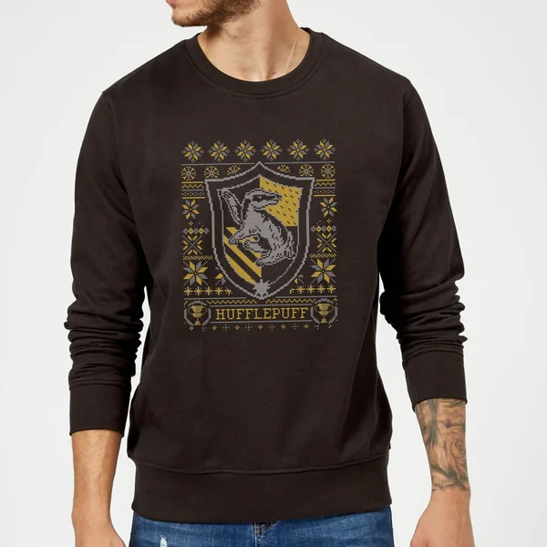 Harry Potter Hufflepuff Crest Christmas Sweater - Black 3 Harry Potter Hufflepuff Crest Christmas Sweater - Black - Image 3