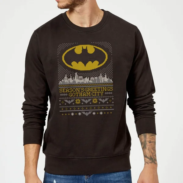 DC COMICS DC Seasons Greetings From Gotham Christmas Sweater - Black 1 DC COMICS DC Seasons Greetings From Gotham Christmas Sweater - Black