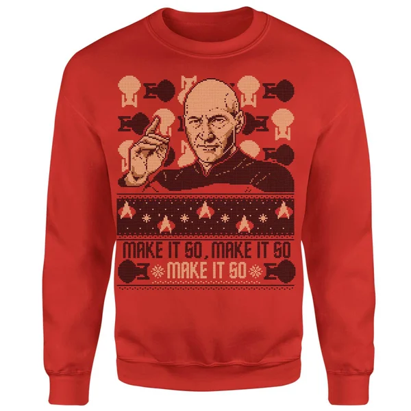 Star Trek: The Next Generation Make It So Christmas Sweater - Red 4 Star Trek: The Next Generation Make It So Christmas Sweater - Red - Image 4