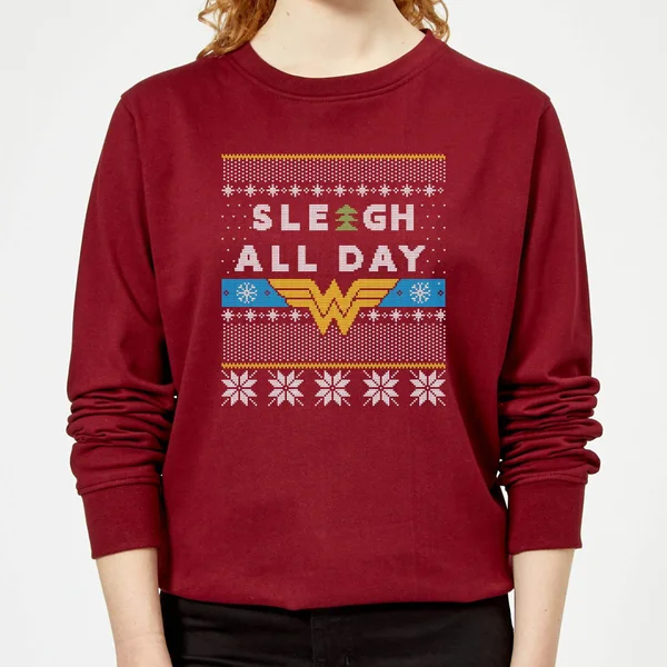 DC COMICS Wonder Woman 'Sleigh All Day Women's Christmas Sweater - Burgundy 1 DC COMICS Wonder Woman 'Sleigh All Day Women's Christmas Sweater - Burgundy