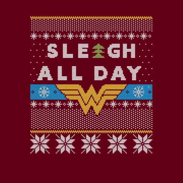 DC COMICS Wonder Woman 'Sleigh All Day Women's Christmas Sweater - Burgundy 2 DC COMICS Wonder Woman 'Sleigh All Day Women's Christmas Sweater - Burgundy - Image 2