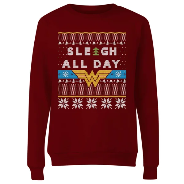 DC COMICS Wonder Woman 'Sleigh All Day Women's Christmas Sweater - Burgundy 4 DC COMICS Wonder Woman 'Sleigh All Day Women's Christmas Sweater - Burgundy - Image 4