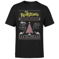 Flintstones Rockin Around The Tree Men's Christmas T-Shirt - Black -JD Looney Shop 12336798 1204714271090109