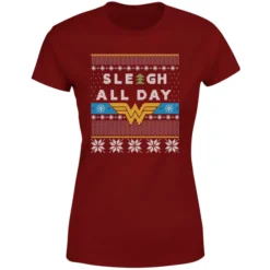 DC COMICS Wonder Woman 'Sleigh All Day Women's Christmas T-Shirt - Burgundy -JD Looney Shop 12337374 1854714273476177